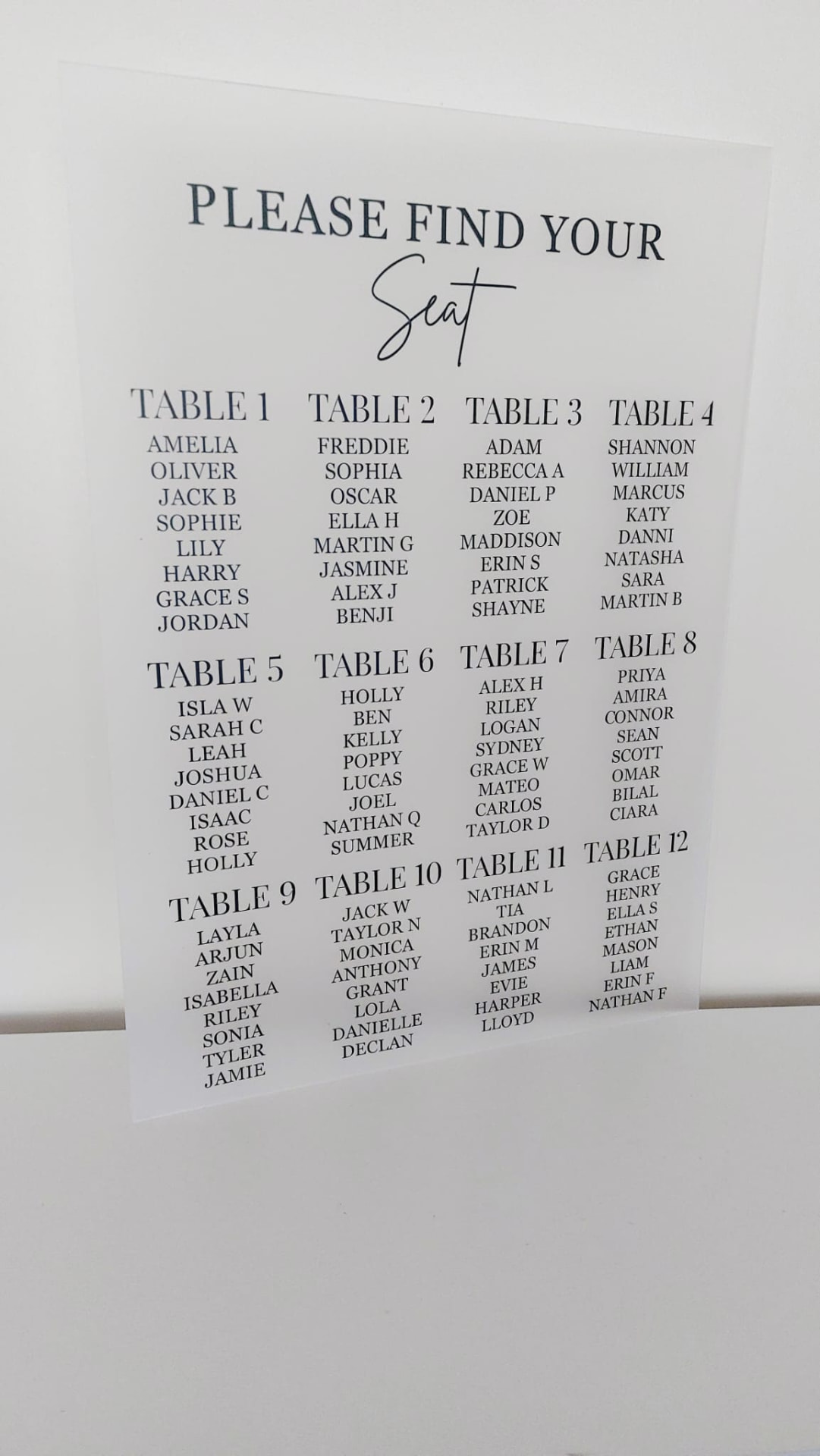 Acrylic Seating Plan