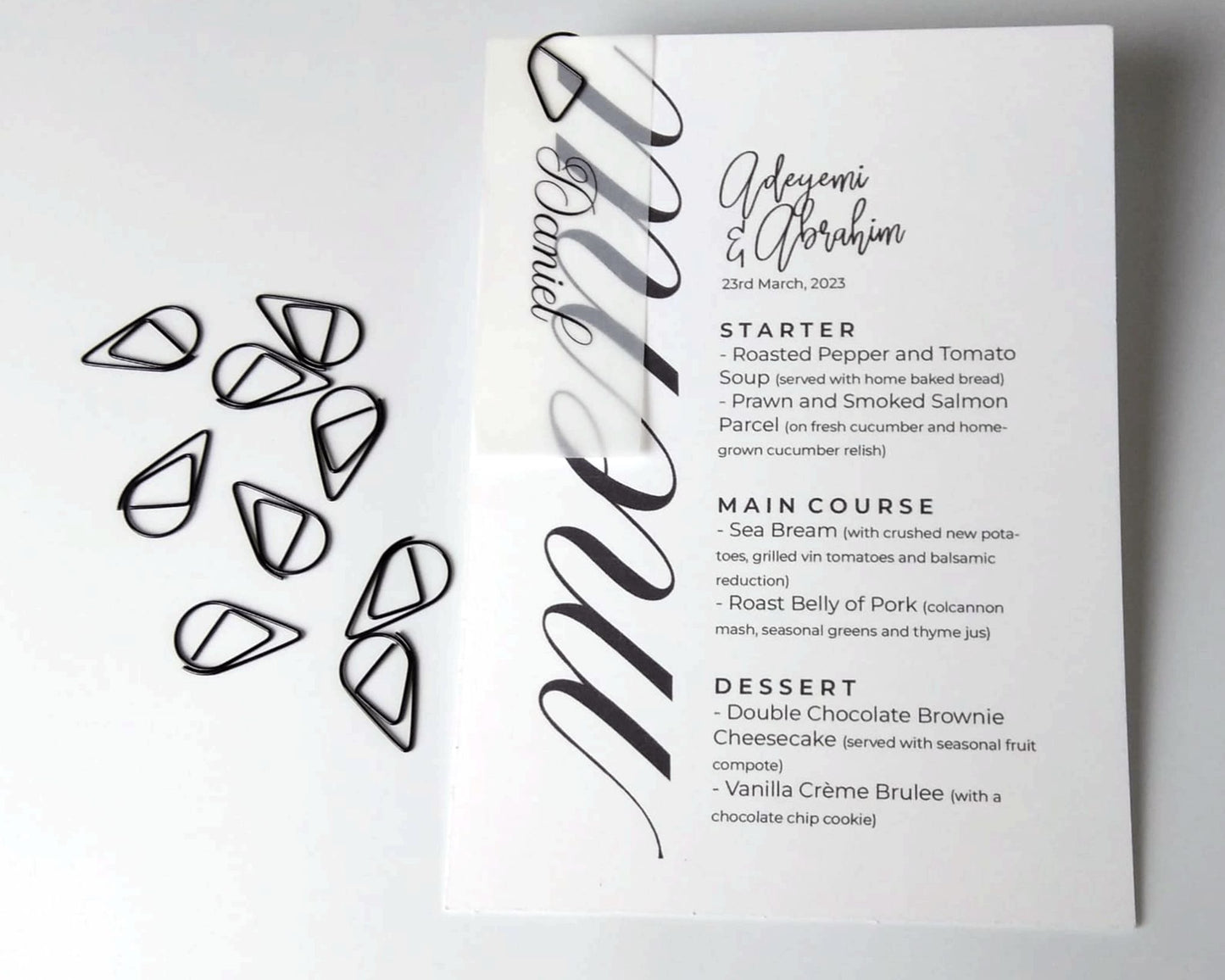 Black Teardrop clips with menu and vellum name