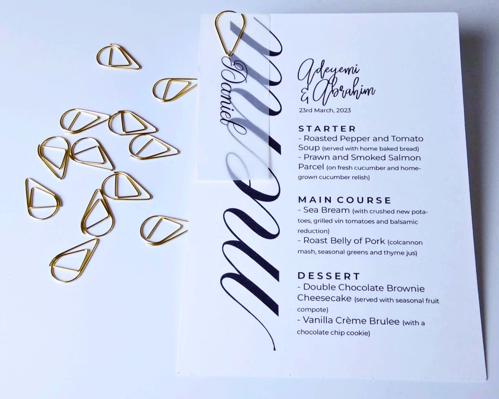 Gold Teardrop Clip with menu and vellum name