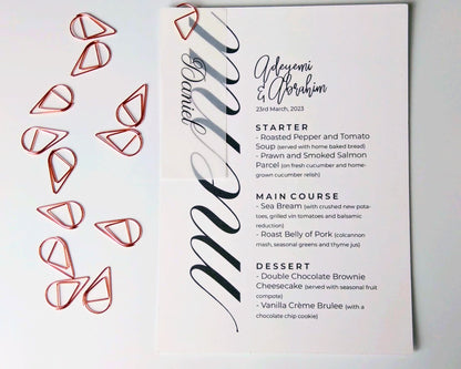 Rosegold Teardrop Clips with menu and vellum name