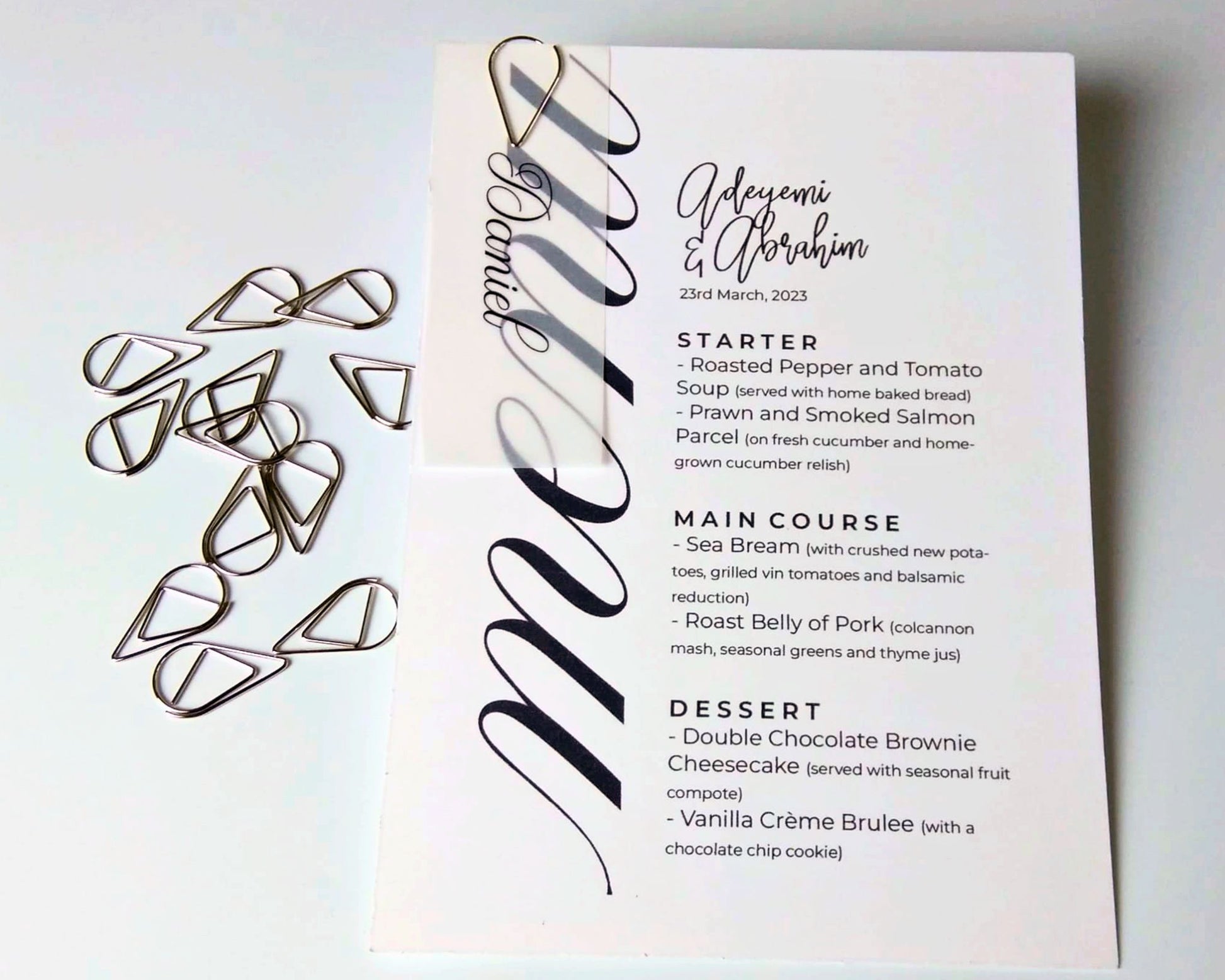 Silver Teardrop Clips with menu and vellum name 